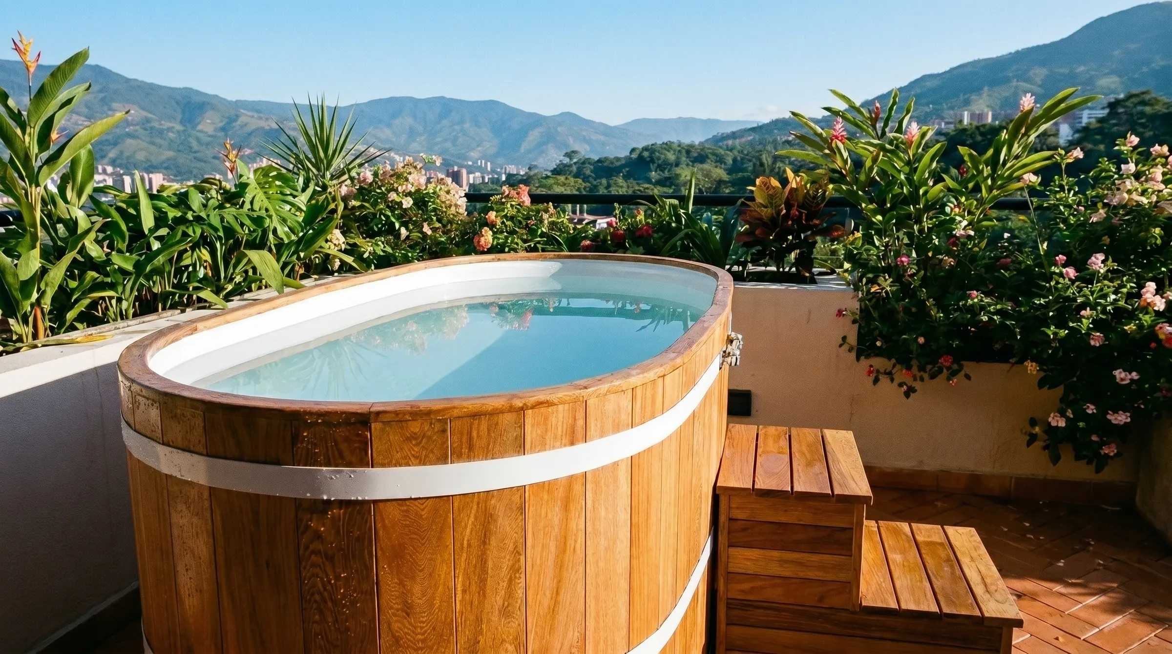 Cold plunge para 2 personas rodeado de jardín con vista a la ciudad