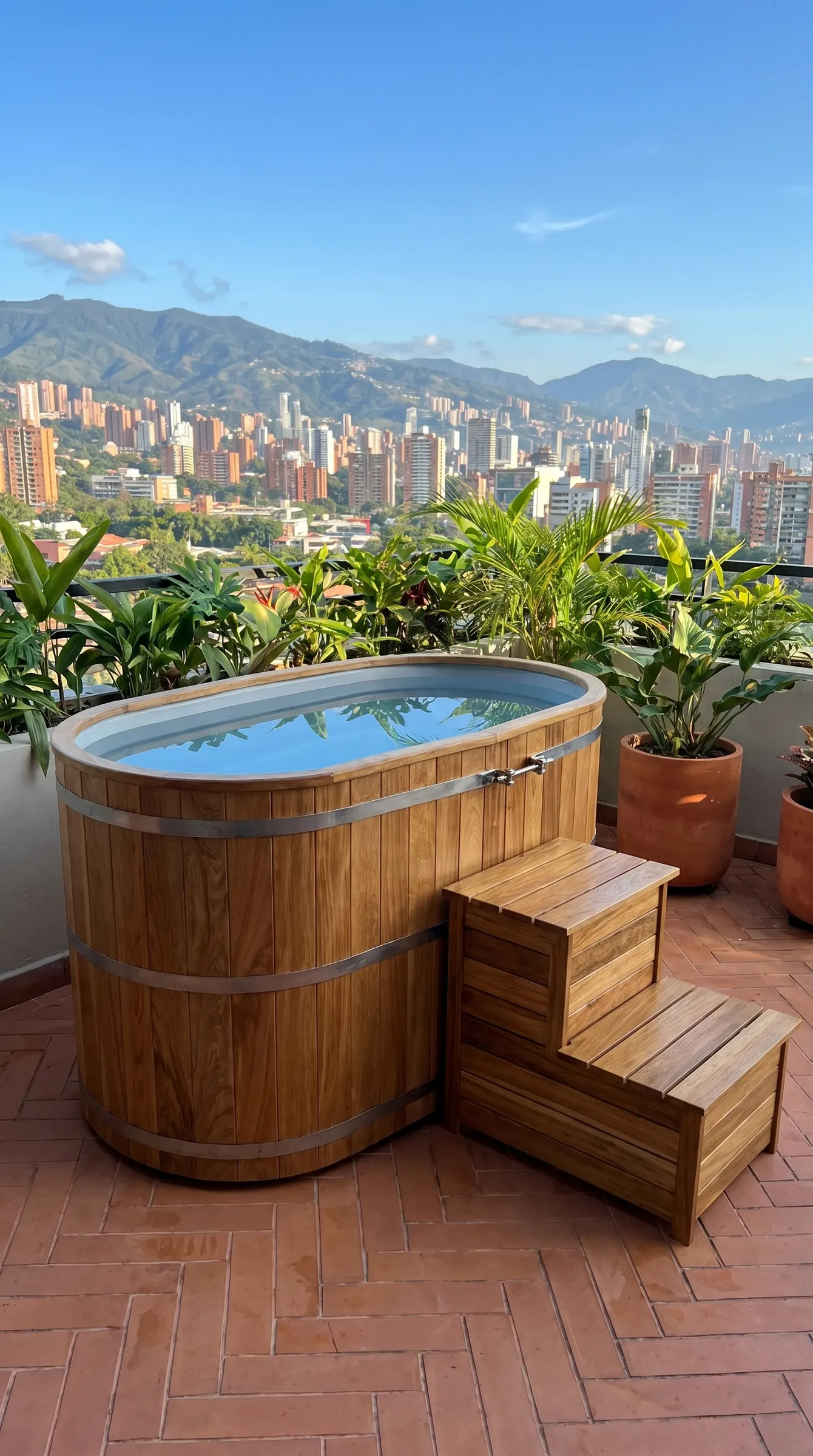 Cold plunge para 2 personas en vista vertical sobre terraza urbana