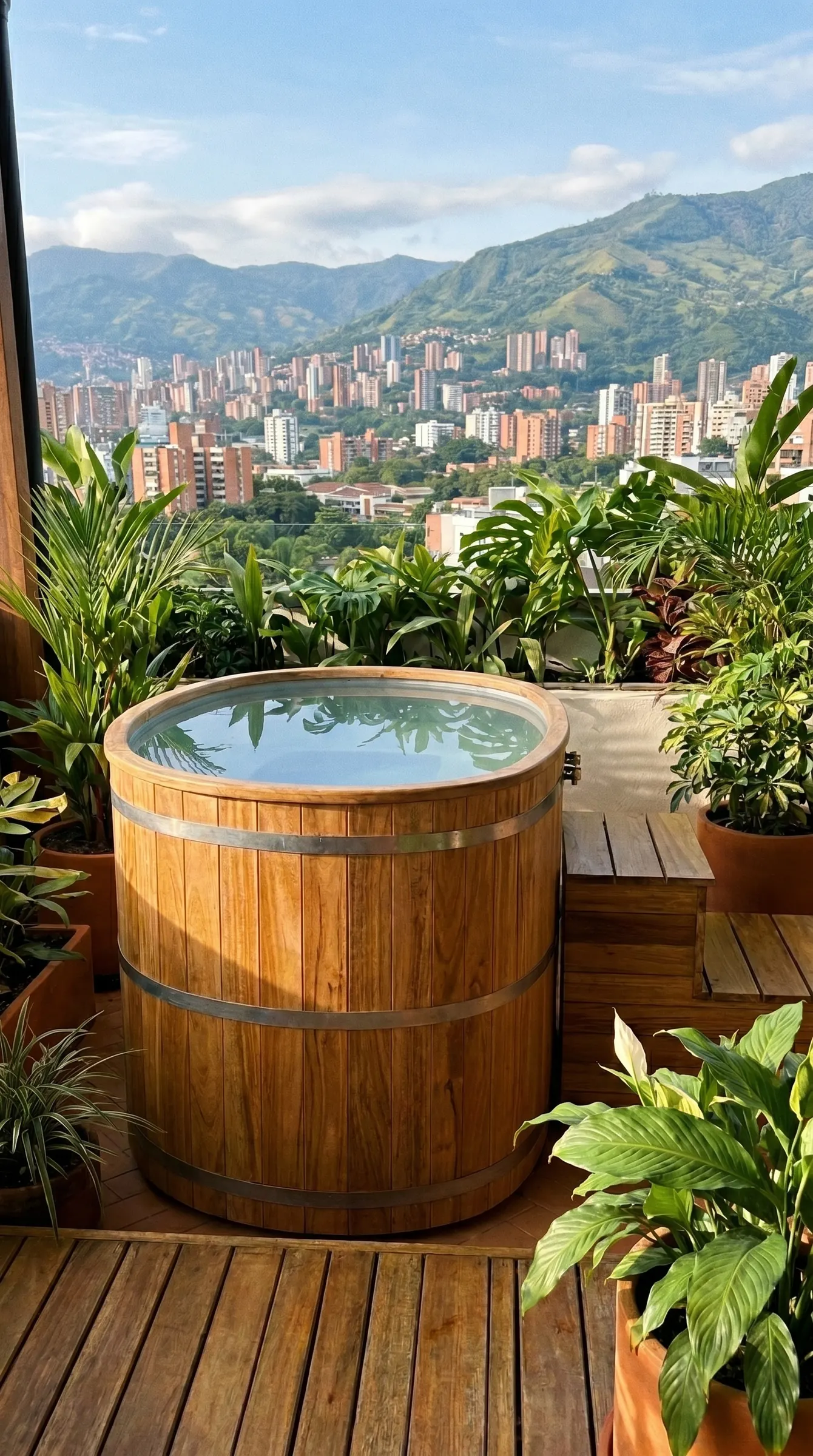 Cold plunge para 2 personas con agua fría en terraza con vista a la ciudad