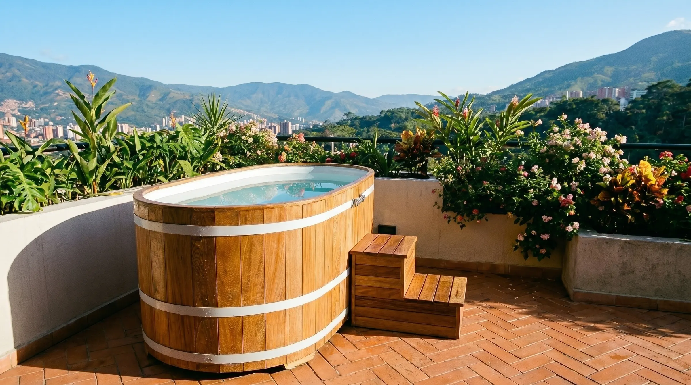Cold plunge para 2 personas en terraza con vista panorámica urbana