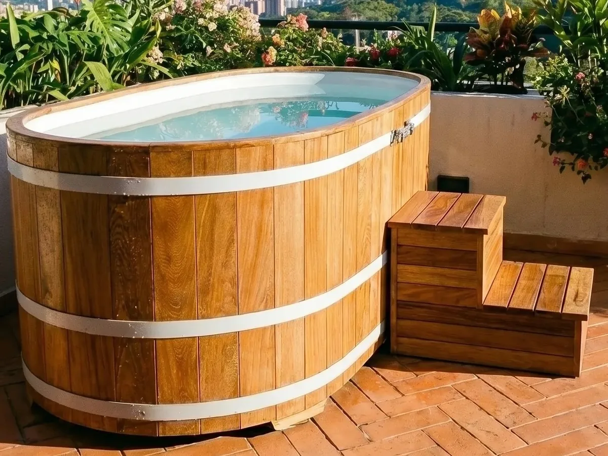Cold plunge para 2 personas en madera sobre terraza urbana panorámica en Colombia