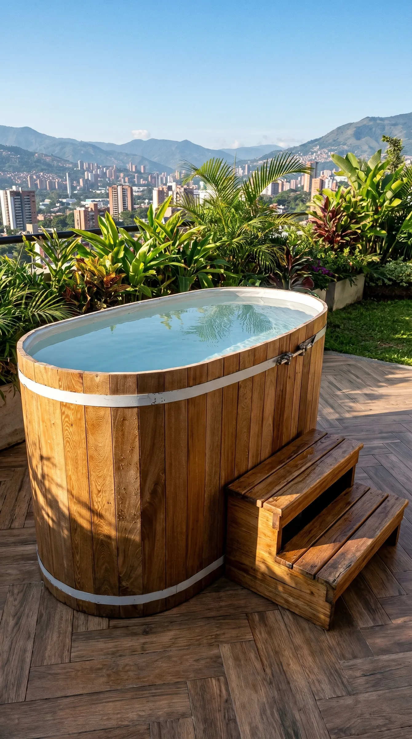 Cold plunge para 2 personas en madera sobre terraza de madera