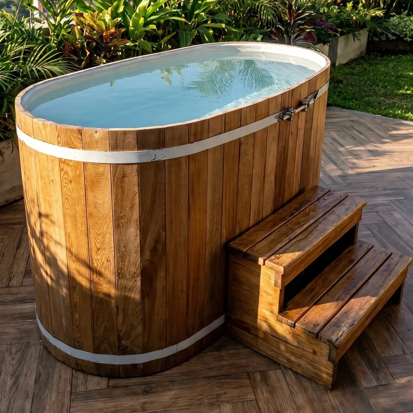 Cold plunge para 2 personas en madera sobre terraza de madera en formato cuadrado
