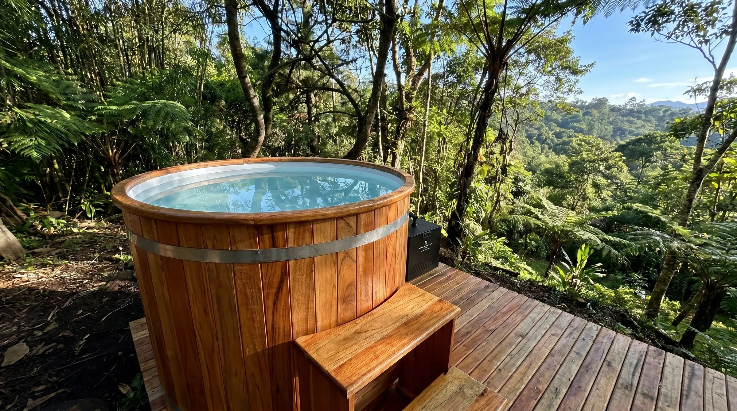 Cold plunge individual en madera sobre terraza exterior con vista natural