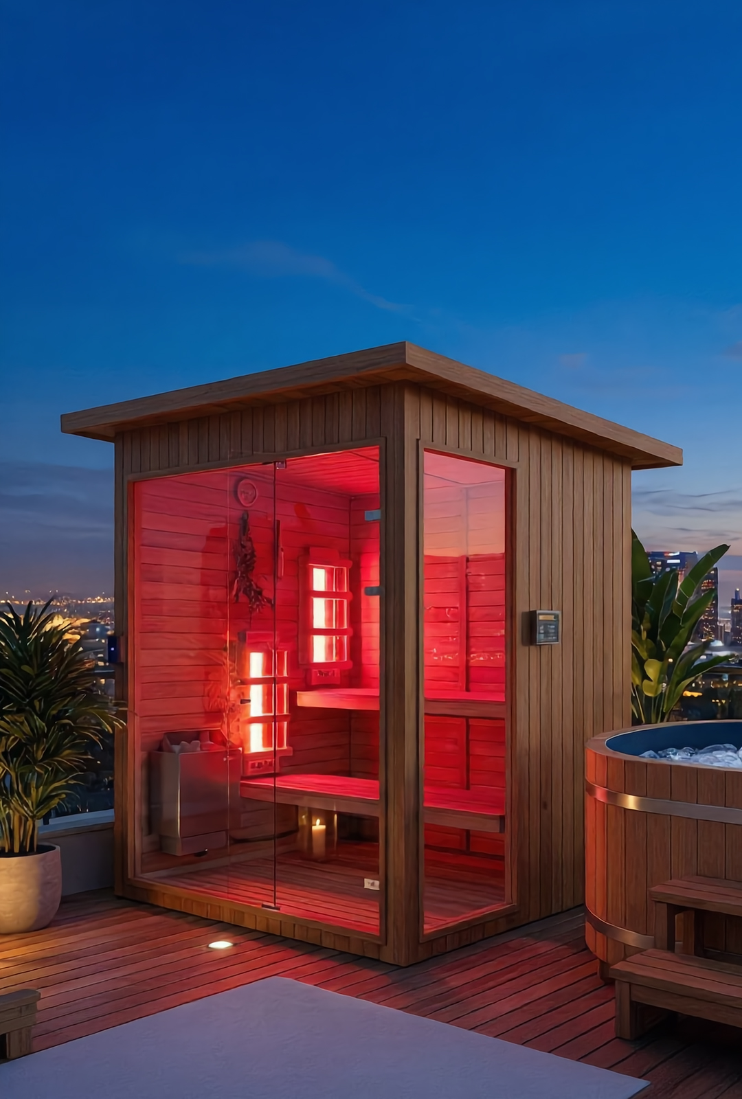 Vista vertical de sauna infrarroja e híbrida para 4 a 6 personas