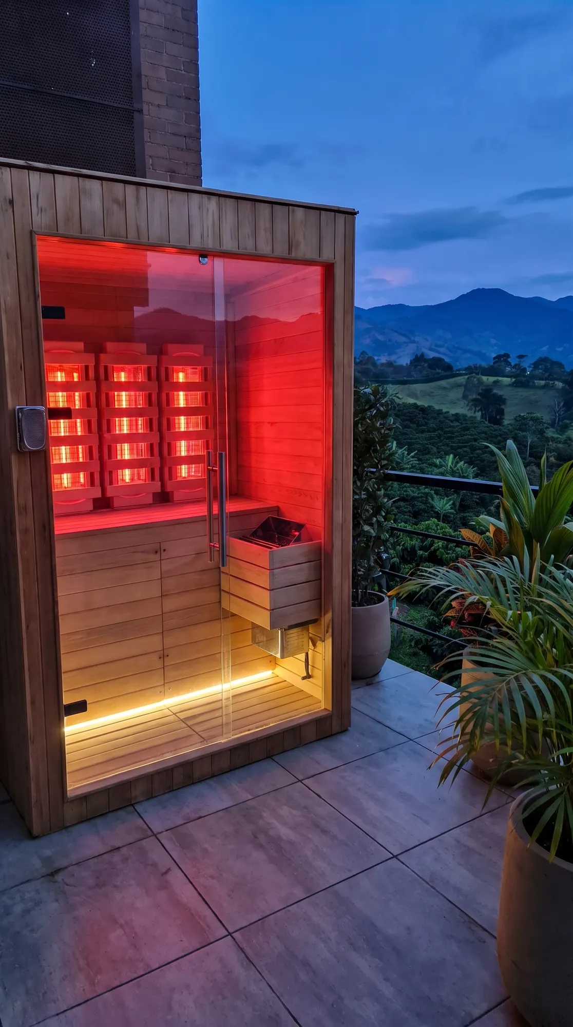 Vista vertical de sauna infrarroja e híbrida en terraza