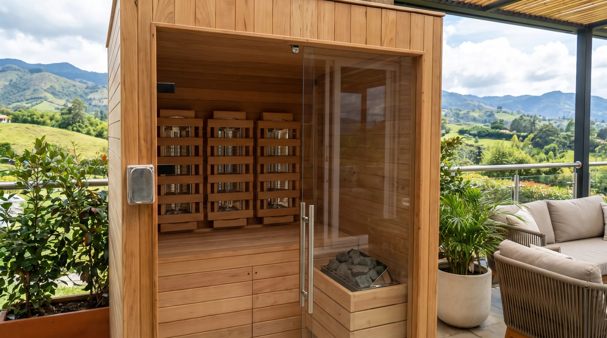 Vista exterior de sauna infrarroja e híbrida compacta