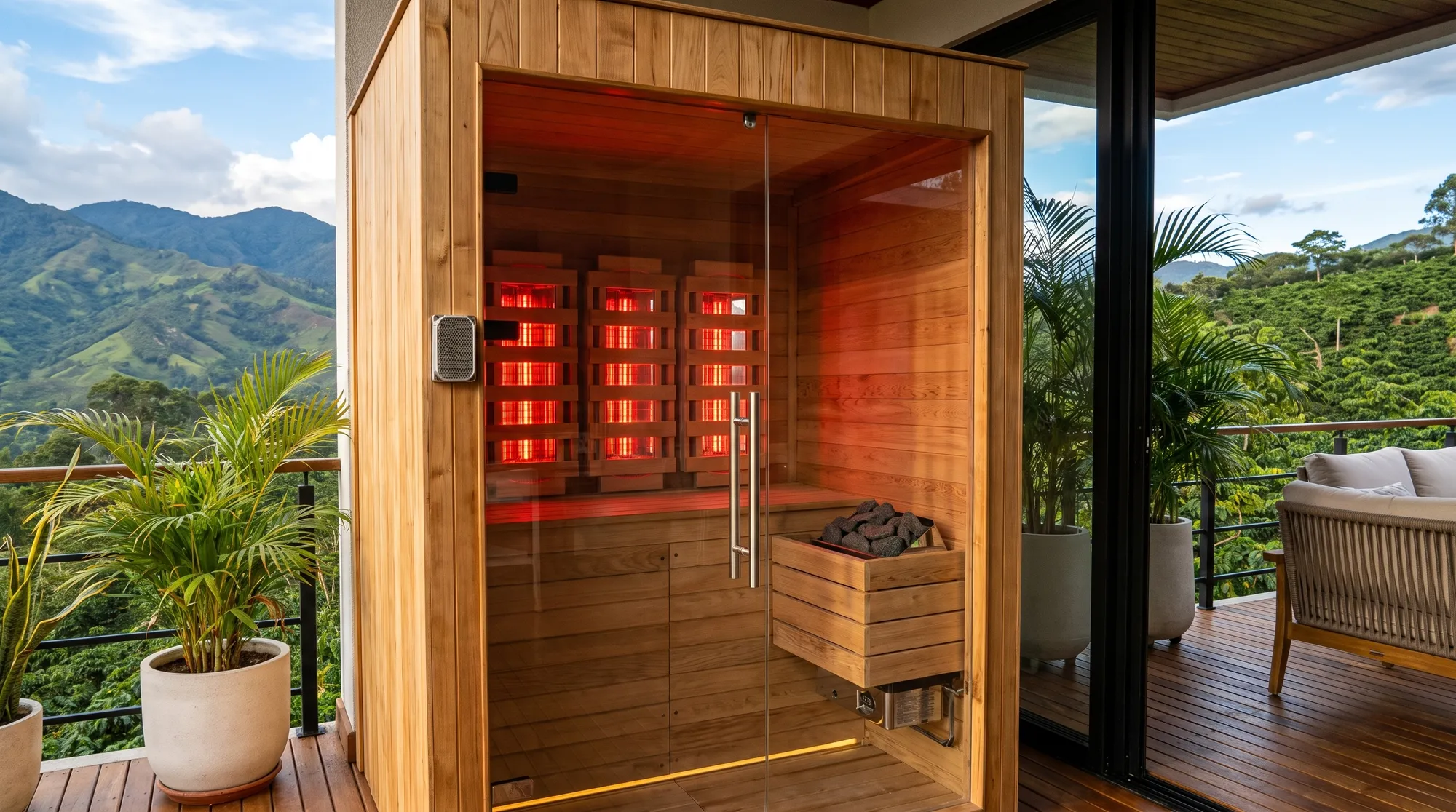 Vista lateral de sauna infrarroja híbrida con lámparas encendidas