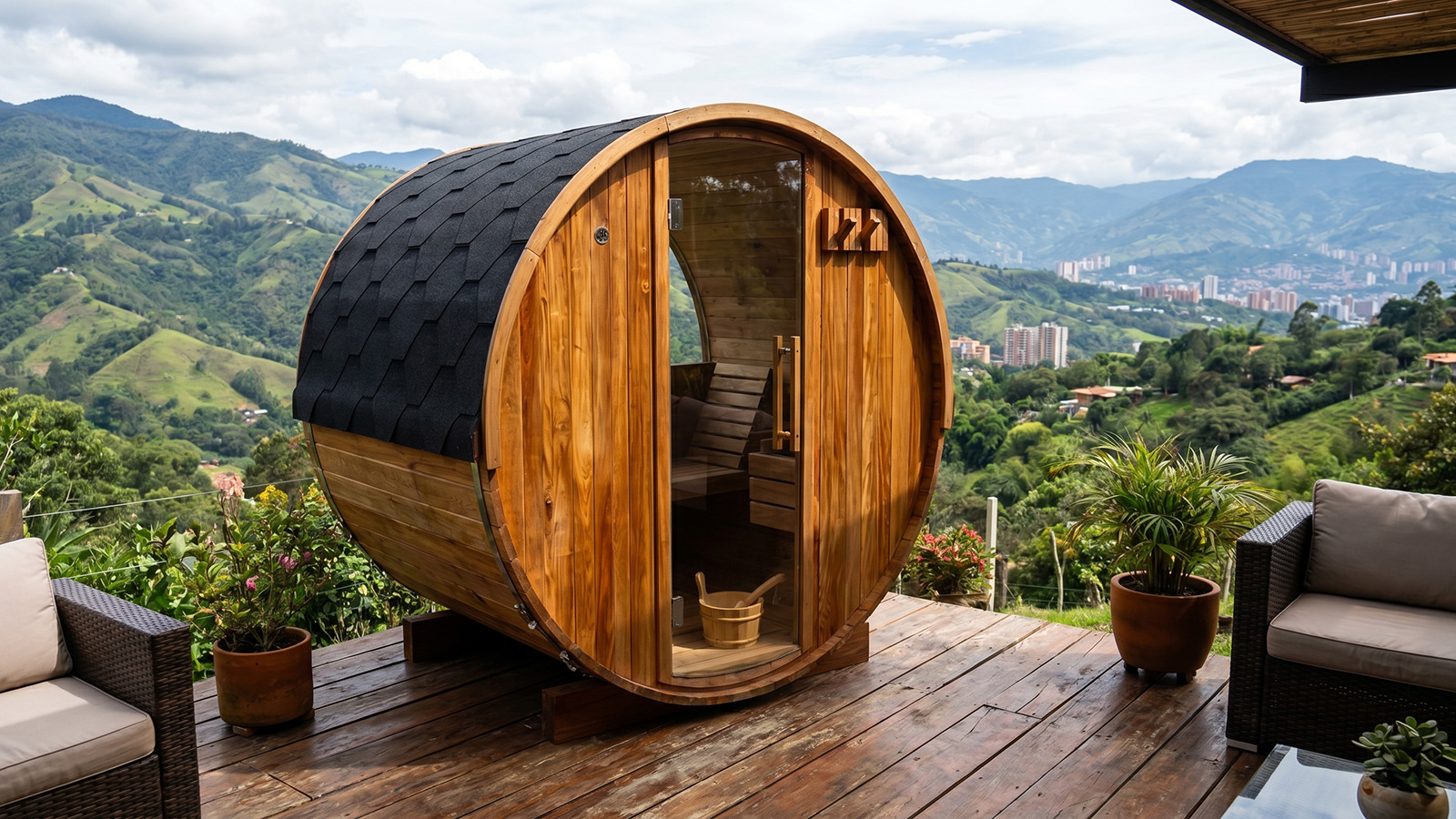 Vista exterior de sauna barril 4 personas