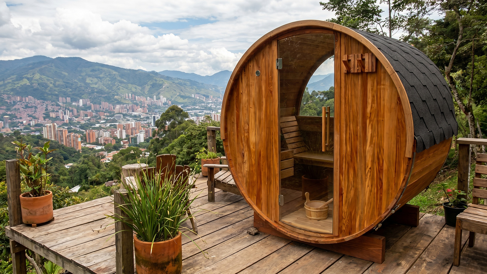 Vista lateral de sauna barril 4 personas