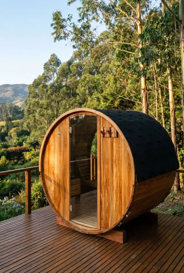 Vista móvil exterior de sauna barril 4 personas