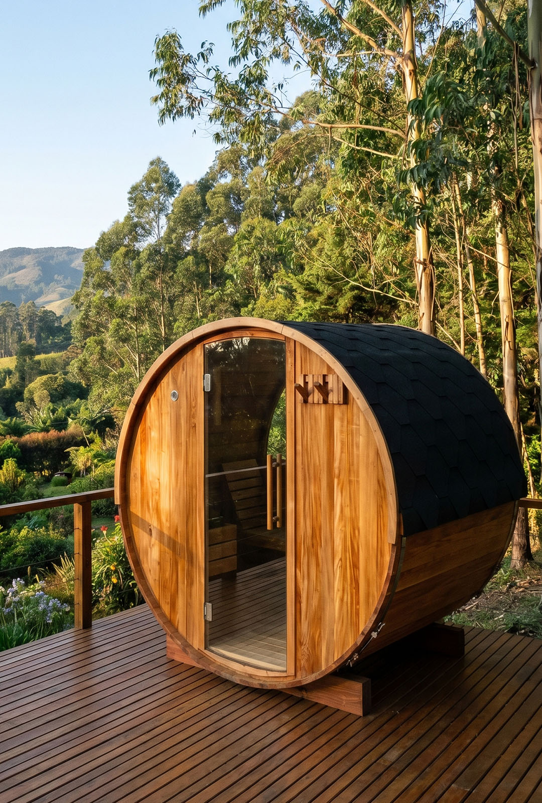 Vista móvil exterior de sauna barril 4 personas