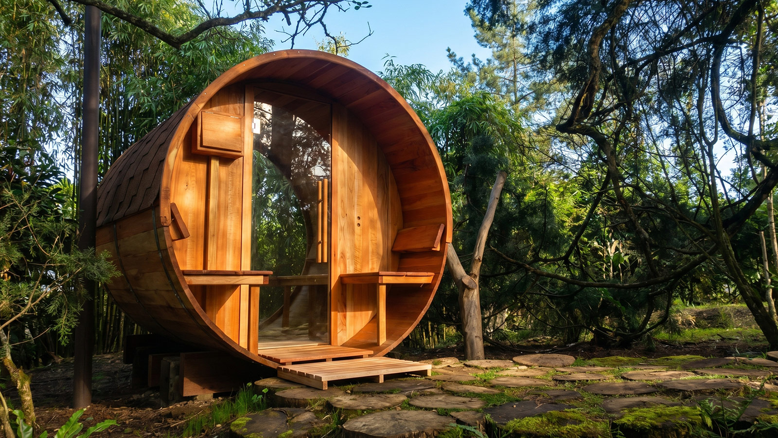 Sauna barril 4 personas con pórtico exterior