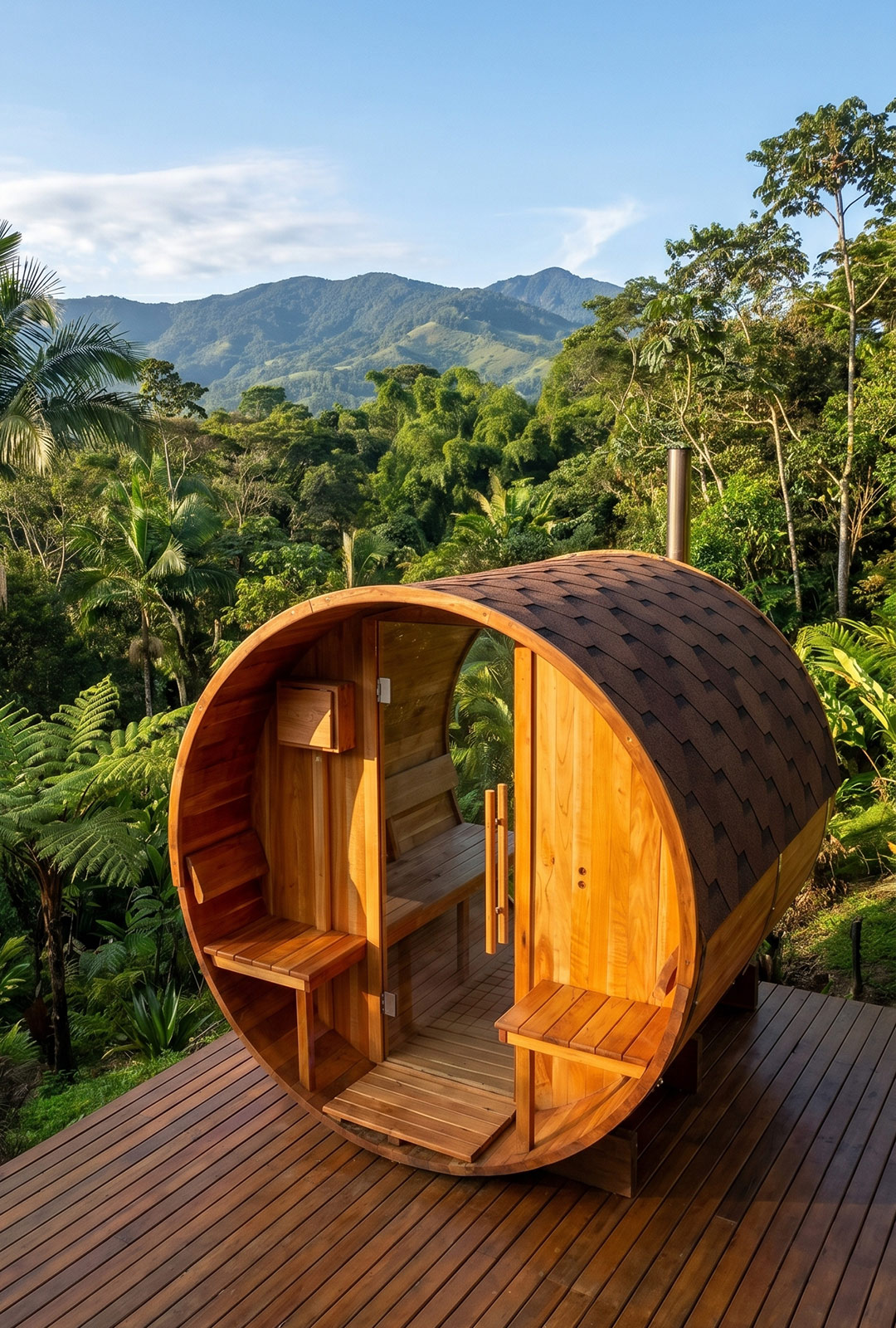 Vista móvil exterior de sauna barril 4 personas con pórtico