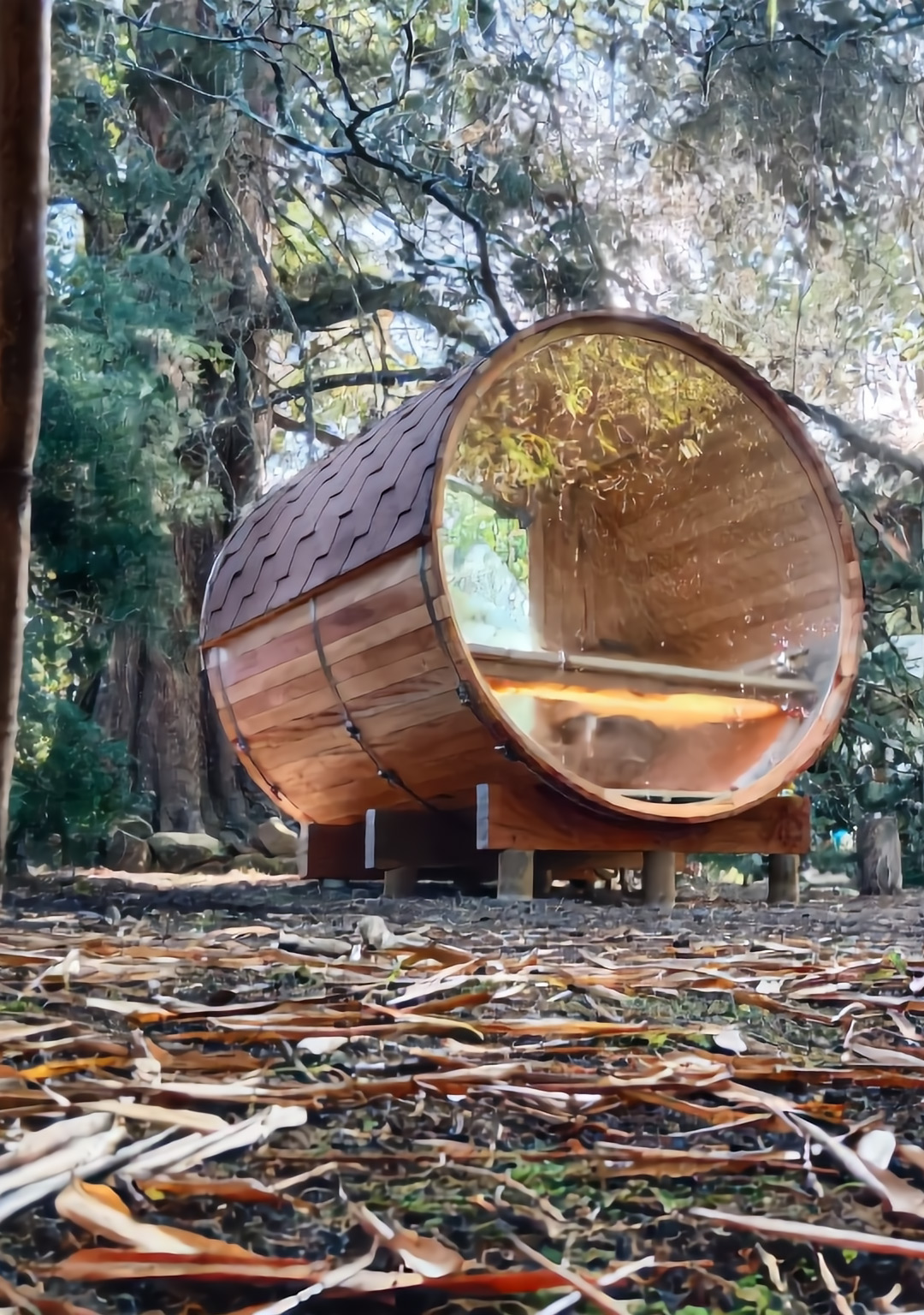 Vista móvil de sauna barril 4 personas con ventanal círculo