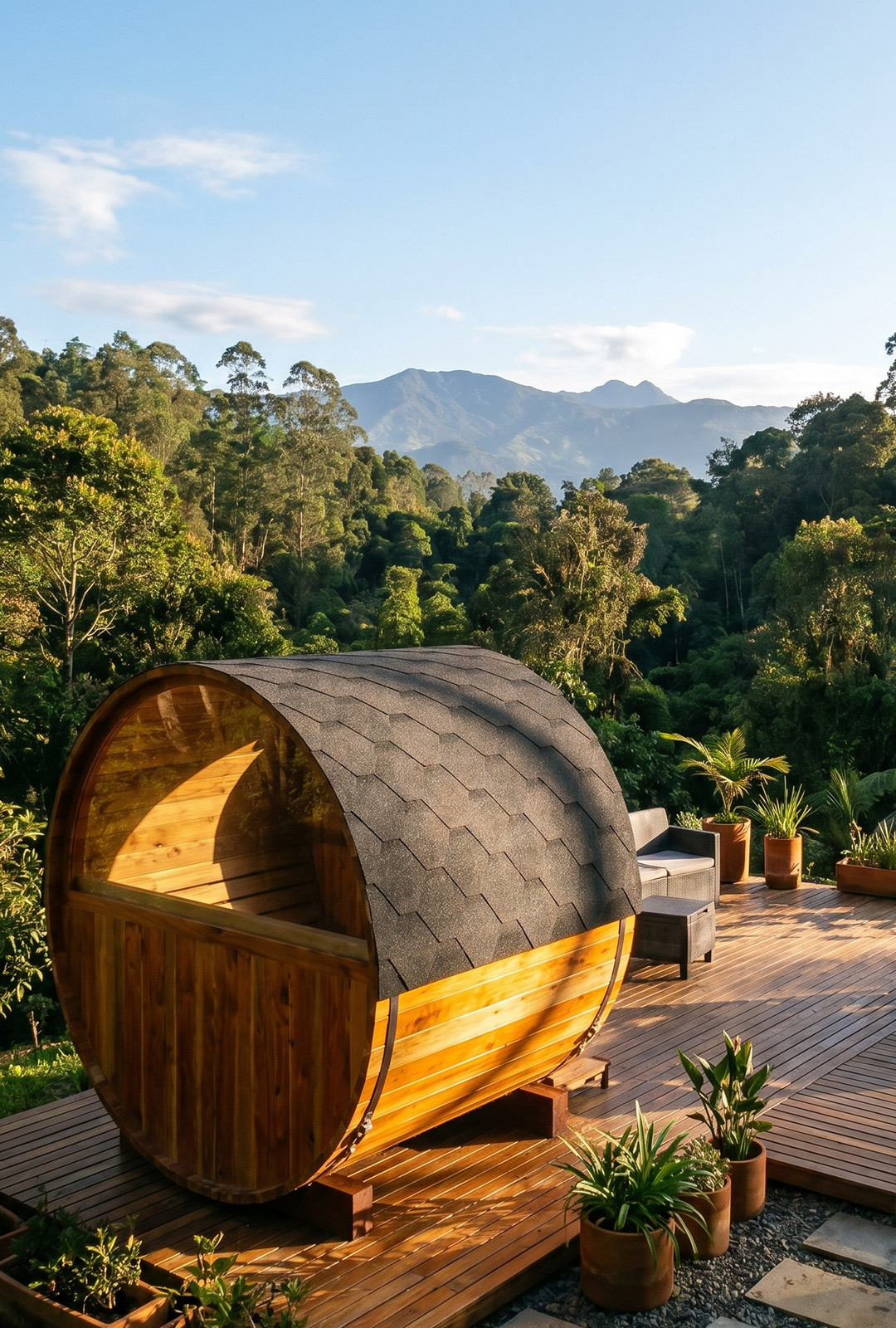 Vista móvil de sauna barril 4 personas con ventanal media luna