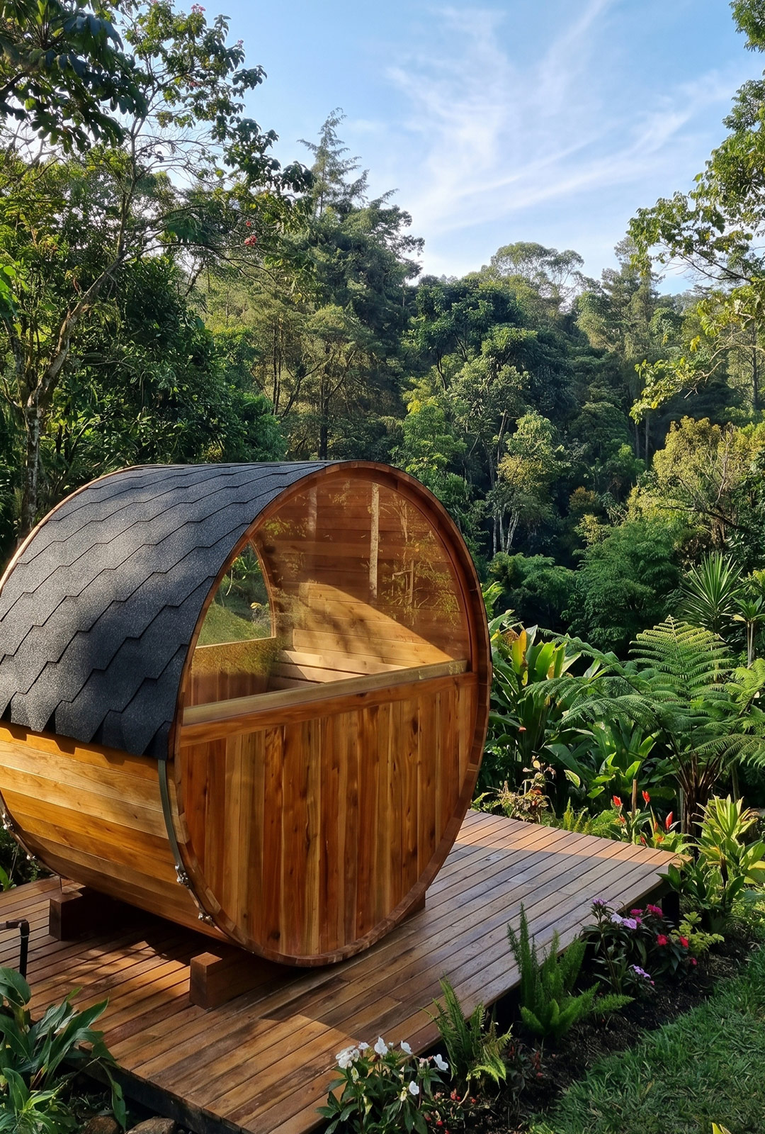 Vista móvil de sauna barril 4 personas con ventanal media luna