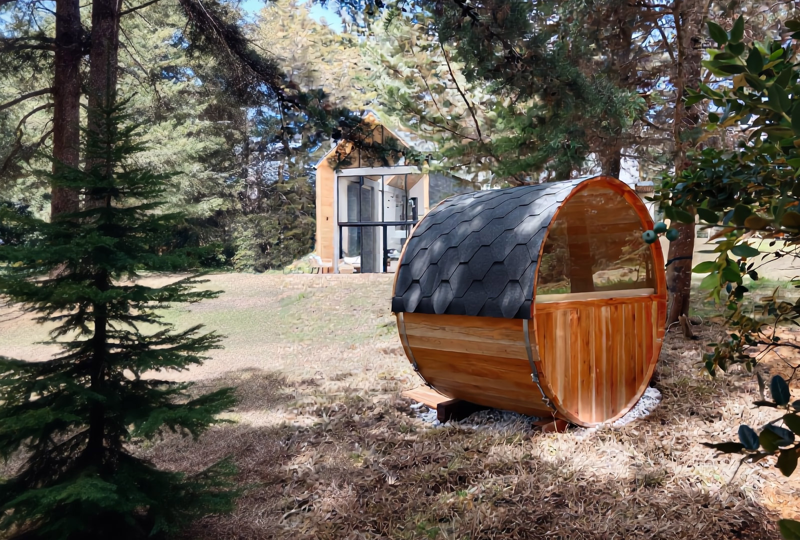 Ventanal media luna para sauna barril exterior